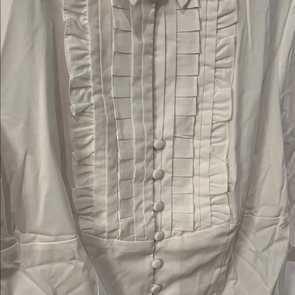 White Button-Up Shirt with Pleated Front - Picture 2 of 6